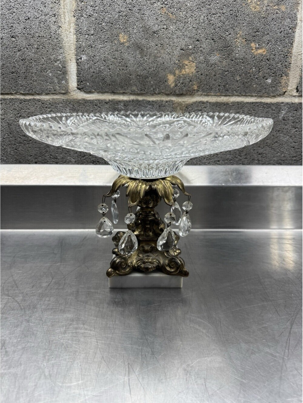 Vintage Hollywood Regency Large Crystal Compote | Prisms | Marble | 11.5"